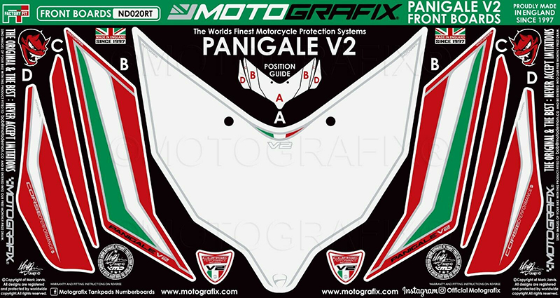 MOTOGRAFIX FRONT BODY PAD DUCATI Panigale 955 V2(21-)White with Black, Green, Red & Metallic Silver ND020RT