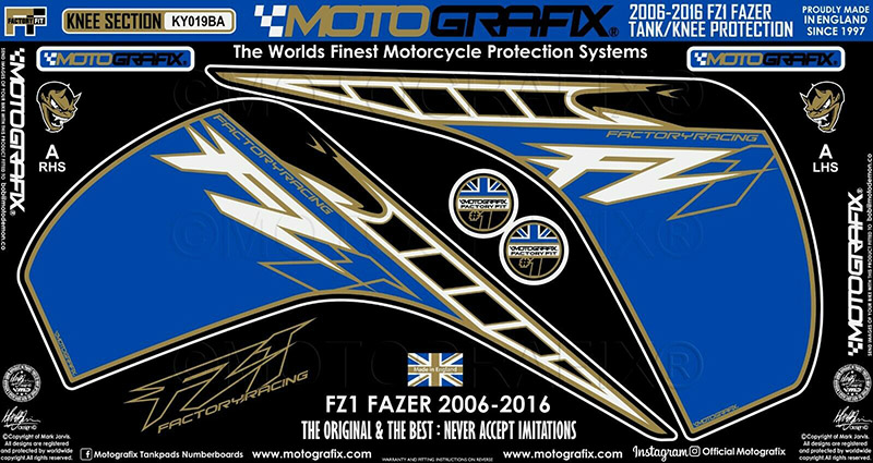 MOTOGRAFIX KNEE BODY PAD YAMAHA FZ1/Fazer(06-16)Blue with White, Black & Metallic Gold KY019BA