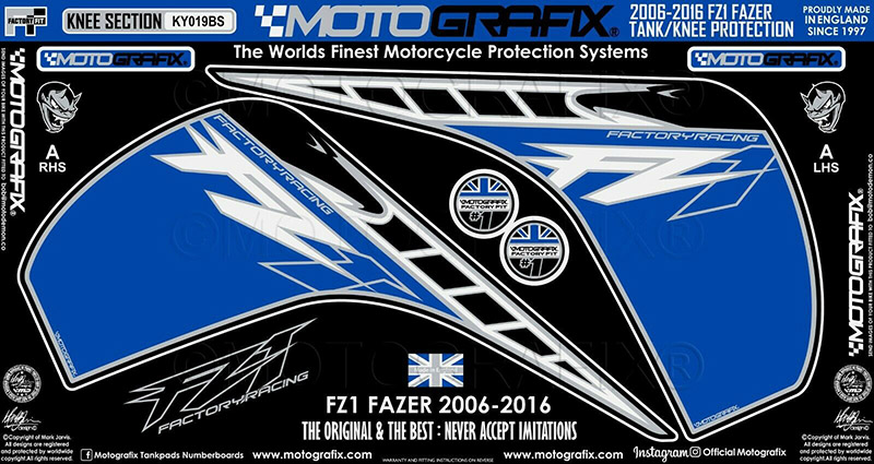 MOTOGRAFIX KNEE BODY PAD YAMAHA FZ1/Fazer(06-16)Blue with White, Black & Metallic Silver KY019BS