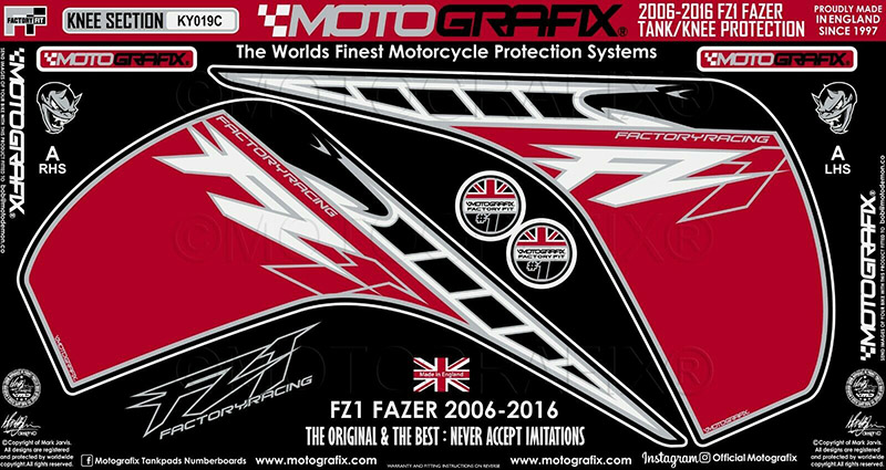 MOTOGRAFIX KNEE BODY PAD YAMAHA FZ1/Fazer(06-16)Candy Crimson Red with White, Black & Metallic Silver KY019C