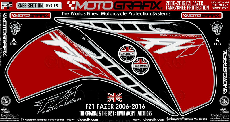 MOTOGRAFIX KNEE BODY PAD YAMAHA FZ1/Fazer(06-16)Red with White, Black & Metallic Silver KY019R