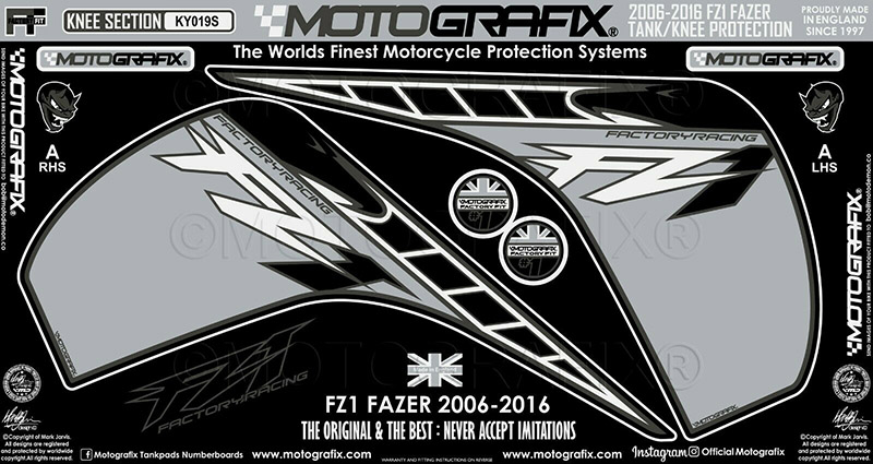 MOTOGRAFIX KNEE BODY PAD YAMAHA FZ1/Fazer(06-16)Metallic Silver with Grey, White & BLACK KY019S