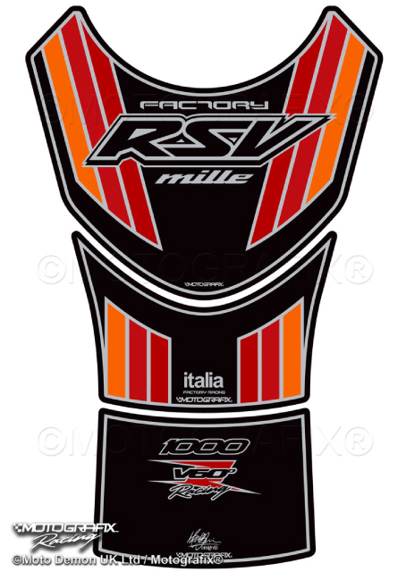 MOTOGRAFIX（モトグラフィックス） TANK PAD APRILIA RSV1000 Mille(99-03) Black with Red, Orange & Metallic Silver TA023KOR